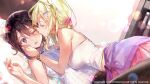  2girls bare_arms bare_shoulders bed black_hair blonde_hair blue_eyes bracelet camisole cheek_kiss closed_eyes clothes_around_waist copyright dsmile dutch_angle eyebrows_visible_through_hair furutachi_ren girl_on_top hair_ornament hair_ribbon hand_on_another&#039;s_face hayahoshi_akuru jewelry kiss lens_flare long_hair medium_hair multiple_girls official_art on_bed one_eye_closed oshi_no_love_yori_koi_no_love pink_ribbon pink_skirt purple_sweater ribbed_sweater ribbon skirt sleeveless_sweater sweat sweater sweater_around_waist white_camisole white_sweater yuri 