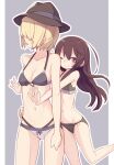  2girls alice_margatroid alternate_costume bangs bikini blonde_hair blue_bikini blush breasts brown_hair brown_headwear closed_mouth commentary_request cookie_(touhou) cowboy_shot frilled_bikini frills green_bikini grey_background hair_between_eyes hair_over_eyes hat highres hug hug_from_behind ichigo_(cookie) jigen_(cookie) long_hair looking_at_viewer looking_to_the_side medium_breasts miyako_(naotsugu) multiple_girls navel one_eye_closed open_mouth pillarboxed purple_eyes short_hair side-tie_bikini simple_background small_breasts smile swimsuit touhou 