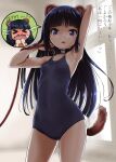  &gt;_&lt; 1girl :&lt; animal_ears arm_behind_head armpits arms_up black_hair blue_swimsuit blush breasts collar commentary_request crying embarrassed eyebrows_visible_through_hair hand_to_own_mouth highres indoors leash long_hair looking_at_viewer one-piece_swimsuit open_mouth original purple_eyes rohitsuka school_swimsuit small_breasts solo spoken_expression swimsuit tail tears thighs translation_request 