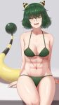  1girl abs absurdres ampharos arm_support bangs bikini blurry blurry_background blush breasts collarbone fangs feet_out_of_frame gen_2_pokemon glasses green_bikini green_eyes green_hair highres horns looking_at_viewer medium_breasts mil_k_vanilla navel open_mouth original personification pokemon shiny shiny_hair shiny_skin short_hair sitting slit_pupils solo stomach swimsuit tail yellow_eyes 