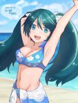  1girl arms_up beach bikini blue_bikini blue_sky bobokuboboku breasts character_name cleavage cloud commentary_request cowboy_shot dated day floral_print green_eyes green_hair isuzu_(kancolle) kantai_collection large_breasts long_hair looking_at_viewer ocean one-hour_drawing_challenge outdoors sarong sky solo swimsuit twintails twitter_username 