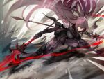  1girl armor bangs bodysuit breasts crossed_bangs dual_wielding fate/grand_order fate_(series) full_body gae_bolg_(fate) hair_between_eyes high_heels highres holding holding_spear holding_weapon large_breasts long_hair nishiide_kengorou parted_lips polearm purple_bodysuit purple_hair red_eyes scathach_(fate) scathach_(fate)_(all) shoulder_armor solo spear thighs weapon 