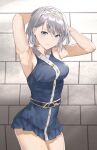  1girl 3: armpits arms_behind_head arms_up bare_arms bare_shoulders belt blue_dress blue_eyes breasts closed_mouth cowboy_shot dress hairband highres looking_at_viewer medium_breasts mosta_(lo1777789) original pleated_dress short_dress short_hair silver_hair sleeveless sleeveless_dress solo sweat thighs v-shaped_eyebrows 