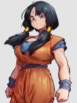  1girl black_hair blue_eyes closed_mouth cosplay dragon_ball dragon_ball_z grey_background kemachiku long_hair looking_at_viewer low_twintails simple_background solo son_goku son_goku_(cosplay) twintails videl 