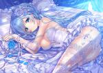  1girl artist_name ass bare_shoulders bed blue_eyes blue_flower blue_hair blue_nails blue_rose blush bound bound_wrists breasts bridal_gauntlets closed_mouth curtains dress elbow_gloves emori_miku emori_miku_project feet_out_of_frame fingernails flower garter_straps gloves hair_flower hair_ornament hair_spread_out highres lace lace_gloves lace_legwear large_breasts light_rays long_hair looking_at_viewer lying nail_polish on_bed on_side panties petals pillow purple_flower purple_rose ribbon rose rose_petals sakura_moyon smile solo thighhighs underwear very_long_hair watermark white_dress white_legwear white_panties white_ribbon 