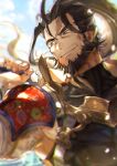  1boy armor beard blurry brown_eyes brown_hair closed_mouth commentary_request depth_of_field facial_hair fingernails floating_hair granblue_fantasy high_ponytail highres holding holding_weapon jin_(granblue_fantasy) karipaku long_hair looking_to_the_side male_focus over_shoulder ponytail scar scar_on_face shoulder_armor smile solo weapon weapon_over_shoulder 