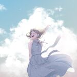  1girl absurdres arms_behind_back bare_arms bare_shoulders blue_dress blue_sky closed_eyes cloud cloudy_sky collared_dress commentary_request dress grey_hair happy highres long_dress long_hair maeda_mic neck_ribbon open_mouth original ribbon sky sleeveless sleeveless_dress smile solo sundress upper_teeth 