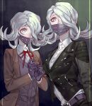  2girls black_gloves blazer commentary_request constricted_pupils covered_mouth danganronpa_(series) danganronpa_3_(anime) dual_persona flipped_hair gloves hair_over_one_eye hope&#039;s_peak_academy_school_uniform jacket kimura_seiko long_hair looking_at_viewer mask mouth_mask multiple_girls sara_(kurome1127) school_uniform surgical_mask time_paradox younger 
