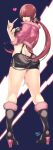  1girl ass boots breasts brown_hair cleavage cleavage_cutout clothing_cutout cropped_jacket earrings hair_over_eyes highres jewelry large_breasts lips lipstick long_hair looking_at_viewer makeup miniskirt murata_tefu ponytail red_hair shermie_(kof) skirt smile solo split_ponytail the_king_of_fighters twintails 