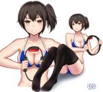  1girl alternate_costume artist_name bikini black_legwear breasts brown_eyes brown_hair cleavage clenched_teeth collarbone commentary dated ears full_body highres joy-con kaga_(kancolle) kantai_collection large_breasts looking_at_viewer pethimon projected_inset ring-con ring_fit_adventure side_ponytail signature simple_background sitting solo swimsuit teeth thighhighs upper_body white_background 