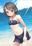  arisu_kazumi artist_name bangs beach black_swimsuit blush bob_cut breasts brown_eyes bunny_hair_ornament cloud collarbone dutch_angle hair_ornament hairclip halterneck idolmaster idolmaster_cinderella_girls light_rays looking_at_viewer midriff mountain navel ocean raised_eyebrows sasaki_chie short_hair sky small_breasts smile standing sunbeam sunlight swimsuit swimsuit_skirt swimwear 