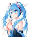  1girl :o bangs black_sleeves blue_eyes blue_hair blue_nails blush commentary cup detached_sleeves disposable_cup drinking_straw eyebrows_visible_through_hair fingernails hair_between_eyes hair_ornament hatsune_miku headset holding holding_cup holding_drinking_straw kh_(kh_1128) long_hair nail_polish petals shirt solo twintails upper_body vocaloid white_background white_shirt wide_sleeves 