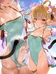  1girl andira_(granblue_fantasy) animal_ears ariso_kaoru armpits arms_up ass bare_shoulders blonde_hair blush breasts collarbone covered_navel erune granblue_fantasy hair_ornament highleg highleg_leotard highleg_swimsuit highres leotard looking_at_viewer medium_breasts monkey_ears monkey_girl monkey_tail nail_polish red_eyes short_hair smile swimsuit tail thigh_strap thighs 