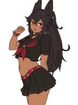  1girl :d animal_collar animal_ears bangs belt_collar black_sailor_collar black_shirt black_skirt bracelet breasts cerberus_(houtengeki) collar cropped_shirt crossed_bangs dark_skin dark_skinned_female eyebrows_visible_through_hair hair_between_eyes hand_up houtengeki jewelry long_hair looking_at_viewer miniskirt navel open_mouth original pleated_skirt ponytail red_eyes sailor_collar school_uniform serafuku shirt short_sleeves simple_background skirt small_breasts smile solo spiked_bracelet spikes white_background wolf_ears 