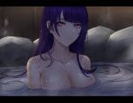  1girl breasts cleavage collarbone commentary_request eyebrows_visible_through_hair genshin_impact highres large_breasts long_hair looking_at_viewer mole mole_under_eye parted_lips partially_submerged purple_eyes purple_hair raiden_shogun selcky smile solo upper_body water wet 