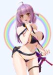  1girl ahoge ammunition_pouch bangs bare_arms bare_shoulders between_breasts bikini blush breasts brown_eyes cleavage cowboy_shot eyebrows_visible_through_hair girls_frontline grey_background gun highres large_breasts long_hair looking_at_viewer nail_polish navel open_mouth pao_mian+dan pink_nails pouch purple_hair rainbow sideboob solo spectre_m4_(girls_frontline) star_tattoo swimsuit tattoo thigh_strap weapon 