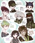  6+boys ahoge amami_rantarou baseball_cap beanie beard black_hair blue_eyes blush_stickers brown_hair checkered checkered_scarf commentary_request covered_mouth danganronpa_(series) danganronpa_v3:_killing_harmony dark_skin dark_skinned_male ear_piercing everyone facial_hair gakuran glasses goatee gokuhara_gonta green_eyes green_hair green_neckwear grey_eyes hat hat_over_one_eye hoshi_ryouma keebo long_hair male_focus medal messy_hair momota_kaito multiple_boys muscular necktie ouma_kokichi peaked_cap piercing power_armor purple_eyes purple_hair red_eyes saihara_shuuichi sara_(kurome1127) scarf school_uniform shinguuji_korekiyo shirt short_hair smile striped striped_shirt translation_request 