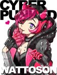  1girl apex_legends black_bodysuit black_gloves black_headwear black_jacket blue_eyes bodysuit breasts character_name cleavage cyber_punked_wattson cyberpunk eyepatch fingerless_gloves gloves head_tilt heart heart_in_eye highres horns jacket lipstick looking_at_viewer makeup mechanical_arms mozuwaka official_alternate_costume one_eye_covered pink_hair purple_lips ranguage single_mechanical_arm smile solo symbol_in_eye tongue tongue_out wattson_(apex_legends) 