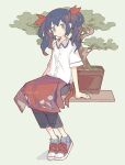  1girl apron black_hair bonsai buttons green_eyes high_tops highres looking_at_viewer medium_hair melanbread original pants red_apron shirt shoes short_sleeves sneakers solo tree twintails white_background white_shirt 