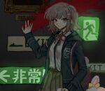  1girl arrow_(symbol) backpack bag bangs black_legwear black_shirt blood bloody_hands brown_hair brown_skirt collared_shirt danganronpa_(series) danganronpa_2:_goodbye_despair ear_bow exit_sign expressionless hand_up highres hood hooded_jacket jacket long_sleeves medium_hair monomi_(danganronpa) nanami_chiaki neck_ribbon pink_eyes pink_ribbon pleated_skirt ribbon saraba_(dnrnaq) shirt shirt_tucked_in skirt solo_focus spaceship_hair_ornament translation_request white_shirt 