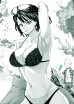  1boy 1girl abs arm_up bald bare_pectorals bikini breasts cloud cloudy_sky earrings eyewear_on_head food fubuki_(one-punch_man) greyscale highleg highleg_swimsuit highres jewelry large_breasts lips monochrome navel one-punch_man open_clothes open_shirt pagong pectorals popsicle saitama_(one-punch_man) sky sunglasses sweatdrop swimsuit 