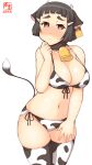  1girl alternate_costume animal_print artist_logo bikini braid braided_bun breasts brown_eyes brown_hair commentary_request cow_print cowboy_shot dated front-tie_top hair_bun highres kanon_(kurogane_knights) kantai_collection large_breasts long_hair looking_at_viewer myoukou_(kancolle) one-hour_drawing_challenge side-tie_bikini simple_background solo swimsuit thick_eyebrows thighhighs white_background white_bikini white_legwear 