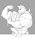  2020 5:6 absurd_res anthro balls barazoku biceps big_muscles bottomless clothed clothing erection flexing genitals grey_background greyscale hair hi_res horn huge_muscles humanoid_genitalia humanoid_penis kajy male mammal monochrome muscular muscular_anthro muscular_male penis shirt simple_background solo tank_top topwear vein 