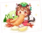  +_+ 1girl animal_ear_fluff animal_ears brown_hair cat_ears cat_tail chen chibi commentary_request eating food fruit full_body green_headwear hat holding holding_food ibaraki_natou jewelry lemon lemon_slice long_sleeves mob_cap mochen multiple_tails oversized_food red_eyes red_footwear red_skirt red_vest shirt shoes short_hair shrimp shrimp_tempura single_earring sitting skirt socks solo sparkle tail tempura tomato touhou two_tails vest white_background white_legwear white_shirt 