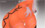 anthro big_breasts breasts butt butt_grab digimon digimon_(species) digimon_tri domestic_cat felid feline felis female fur genitals gradient_background grey_background hand_on_butt leaning leaning_forward looking_back mammal meicrackmon nipples nutlety orange_body orange_fur pussy rear_view simple_background solo striped_tail stripes 