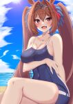  1girl animal_ears bare_shoulders beach blue_swimsuit blush breast_hold breasts brown_hair cleavage cloud collarbone commentary_request daiwa_scarlet_(umamusume) day fang highres horse_ears horse_girl large_breasts long_hair nanao_(naoekaki25) ocean one-piece_swimsuit outdoors red_eyes school_swimsuit sitting solo sun sunlight swimsuit tiara twintails umamusume very_long_hair 