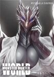  agitype01 anthro big_breasts blue_eyes breasts capcom cleavage clothed clothing elder_dragon female grey_body grey_scales hand_on_head hi_res huge_breasts kushala_daora looking_at_viewer monster_hunter non-mammal_breasts scales simple_background solo video_games 