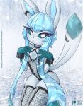  aki_(rilex_lenov) anthro blue_sclera clothing cuffs_(clothing) eeveelution female fishnet fishnet_clothing fishnet_legwear glaceon ice kneeling legwear looking_at_viewer nintendo pok&eacute;mon pok&eacute;mon_(species) rilex_lenov snow solo video_games 