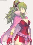  1girl breasts cleavage dress fire_emblem fire_emblem_awakening gloves gofelem green_eyes green_hair high_collar looking_to_the_side manakete pointy_ears red_dress red_gloves smile thighs tiki_(fire_emblem) 