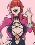  aurahack black_choker black_dress breasts choker cleavage covered_eyes cropped_jacket dress hair_over_eyes hand_on_hip hidden_eyes highres jacket lace-up_top large_breasts laughing lipstick long_hair makeup no_bra open_mouth pink_background pink_jacket popped_collar red_hair red_lips shermie_(kof) split_ponytail stuffed_toy the_king_of_fighters_xv upper_teeth 