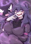  1girl :d @_@ ahoge armband bangs black_eyes black_nails black_sweater blush_stickers breast_hold breasts dress eyebrows_visible_through_hair eyelashes fangs fingernails furrowed_eyebrows gastly gen_1_pokemon hair_between_eyes hairband hand_up heart heart-shaped_pupils hex_maniac_(pokemon) highres large_breasts lips long_fingernails long_fingers long_hair long_sleeves looking_at_viewer mouth_drool nail_polish npc_trainer open_mouth outline pokemon pokemon_(creature) pokemon_(game) pokemon_xy purple_armband purple_background purple_dress purple_eyes purple_hair purple_hairband purple_lips purple_outline purple_wristband ribbed_sweater smile solid_eyes sweatdrop sweater symbol-shaped_pupils teeth turtleneck turtleneck_sweater vialnite wavy_mouth wristband 