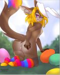 2021 anthro anus breasts brown_body brown_fur bunny_ears_(cosmetic) butt canid canine canis clothing dauxycheeks digital_drawing_(artwork) digital_media_(artwork) easter easter_egg egg error female festive footwear fox fur genitals hair headgear headwear holidays legwear looking_at_viewer looking_back mammal melody_(king_pangolin) multicolored_body multicolored_clothing multicolored_eyes multicolored_fur multicolored_tail naughty_face naughty_smile nipples nude open_mouth prese presenting presenting_hindquarters pussy rainbow_clothing rainbow_tail signature small_breasts smile socks solo spread_butt spreading vikaolear 