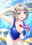  1girl absurdres blue_eyes blue_sky blue_swimsuit breasts cleavage clothes_pull cloud commentary_request competition_swimsuit cowboy_shot day goggles goggles_removed grey_hair happy_birthday highres looking_at_viewer love_live! love_live!_sunshine!! medium_breasts one-piece_swimsuit outdoors pool saikyo_pink_fp salute short_hair sky solo starting_block swimsuit swimsuit_pull watanabe_you 