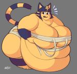  2020 animal_crossing ankha_(animal_crossing) ankle_guards anthro bangs big_breasts black_eyes blue_hair blunt_bangs breast_grab breasts clothed clothing domestic_cat emanata embarrassed felid feline felis female fur grey_background hair hand_on_breast head_ornament hi_res huge_breasts mammal morbidly_obese morbidly_obese_anthro morbidly_obese_female nintendo obese obese_anthro obese_female overweight overweight_anthro overweight_female simple_background skimpy solo standing striped_tail stripes unixcat video_games wraps wrist_guards yellow_body yellow_fur 