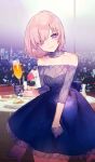  1girl back_bow bare_shoulders bow bright_pupils chaldea_dinnertime champagne_flute cityscape closed_mouth cocktail_dress collarbone commentary cowboy_shot craft_essence cup detached_collar dress drinking_glass fate/grand_order fate_(series) food formal gloves hair_over_one_eye half_gloves head_tilt holding holding_cup indoors looking_at_viewer mash_kyrielight noco_(adamas) official_art plate purple_bow purple_dress purple_eyes purple_gloves purple_hair purple_theme short_hair solo standing table 