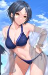  1girl armpits bangs bare_shoulders bikini black_hair blue_bikini blue_sky bracelet breasts cleavage closed_mouth cloud collarbone commentary_request cowboy_shot day earrings eyebrows_behind_hair hand_on_hip hayami_kanade highres idolmaster idolmaster_cinderella_girls jacket jewelry large_breasts layered_bikini looking_at_viewer midriff navel off_shoulder outdoors parted_bangs see-through sheer_clothes short_hair shougun_(chuckni1) side-tie_bikini sidelocks signature sky smile solo standing swimsuit yellow_eyes 