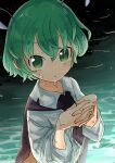  1girl antennae black_cape breasts cape collared_shirt green_eyes green_hair highres holding_own_arm long_sleeves looking_at_viewer shirt short_hair simple_background sleeves_pushed_up small_breasts solo touhou upper_body usayoshi_(touhopu2) water_drop water_surface wet wet_clothes white_shirt wriggle_nightbug 
