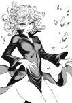  1girl :p breasts covered_navel curly_hair dress greyscale groin highres monochrome no_panties one-punch_man pagong rock small_breasts solo tatsumaki tongue tongue_out 