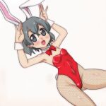  animal_ears black_eyes bow bowtie breasts bunny_ears bunny_pose bunny_tail commentary_request cowboy_shot detached_collar fake_animal_ears fishnet_legwear fishnets grey_hair kaban_(kemono_friends) kemono_friends leotard looking_at_viewer pantyhose playboy_bunny red_leotard simple_background small_breasts smile strapless strapless_leotard t_jiroo_(ringofriend) tail white_background wrist_cuffs 