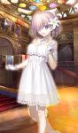  1girl :d bare_shoulders choker collarbone craft_essence dress fate/grand_order fate_(series) flower gloves hair_flower hair_ornament hair_over_one_eye heroic_spirit_formal_dress indoors lily_(flower) looking_at_viewer mash_kyrielight official_art open_mouth purple_eyes purple_hair ribbon_choker see-through short_dress short_hair smile solo standing takeuchi_takashi white_dress white_gloves white_neckwear 