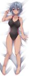  1girl absurdres barefoot black_swimsuit breasts competition_swimsuit covered_navel dakimakura_(medium) dark_skin dark_skinned_female full_body highres jyon104 lying medium_breasts mutsuba_asana one-piece_swimsuit purple_eyes short_hair silver_hair solo swimsuit yu-gi-oh! yu-gi-oh!_sevens 