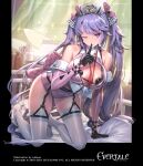  1girl arm_support bare_shoulders black_gloves character_request copyright_name cuboon evertale finger_to_mouth garter_straps gloves hair_ornament hat highres indoors kneeling long_hair looking_at_viewer nurse nurse_cap official_art on_bed one_eye_closed purple_eyes purple_hair thighhighs white_legwear 