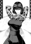  1girl arms_behind_head bangs breasts dress earrings fubuki_(one-punch_man) fur_coat greyscale jewelry large_breasts lips monochrome one-punch_man pagong smile solo taut_clothes taut_dress upper_body 