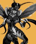  1girl antennae arthropod_girl blurry breasts compound_eyes greyscale insect_wings large_breasts monochrome monster_girl mosquito_girl mosquito_musume one-punch_man orange_background pagong smile solo wings 