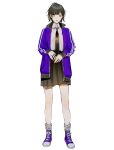  1girl bangs black_hair black_neckwear black_skirt blue_footwear blue_jacket collared_shirt full_body grey_eyes grey_legwear highres jacket long_sleeves necktie original shirt shirt_tucked_in shoes short_hair skirt socks solo standing vient white_shirt 