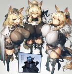  1boy 3girls :d alternate_breast_size animal_ear_fluff animal_ears arknights armor armored_boots arms_behind_back aunt_and_niece bangs black_bow black_footwear black_headwear black_legwear black_scarf black_shorts blemishine_(arknights) blonde_hair blue_eyes boots bow breast_press breastplate breasts cape closed_mouth commentary_request eyebrows_visible_through_hair fang from_above full_body fur_collar garrison_cap grey_background hair_between_eyes hair_bow hand_on_hip hat headset highres horse_ears horse_girl horse_tail huge_breasts kingdom_of_kazimierz_logo knee_pads long_hair looking_at_viewer melon22 multiple_girls nearl_(arknights) open_mouth orange_eyes pelvic_curtain ponytail scarf shiny shiny_hair shorts shoulder_armor siblings sidelocks sisters skin_fang smile standing tail thick_eyebrows thigh_boots thighhighs torn_clothes translation_request tsurime v-shaped_eyebrows whislash_(arknights) white_armor white_cape 